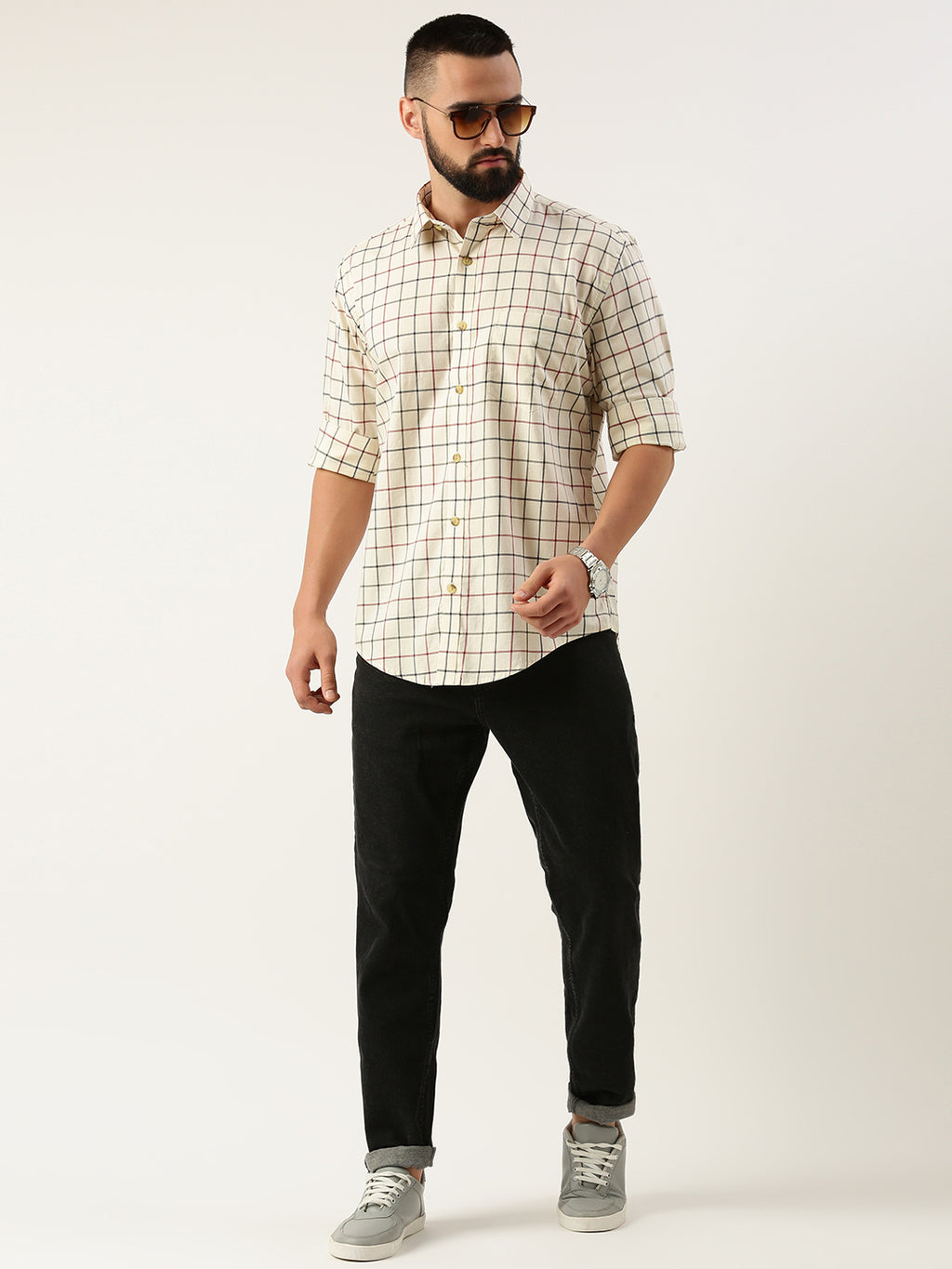 Beige & Red Opaque Checked Casual Shirt