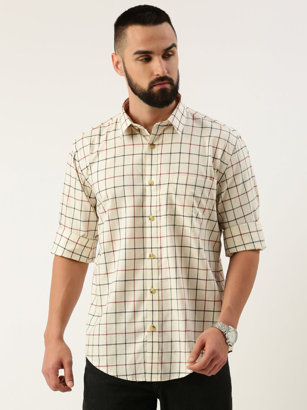 Beige & Red Opaque Checked Casual Shirt