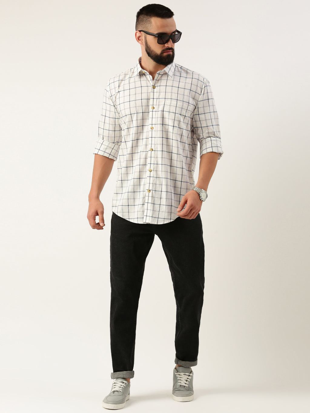 White & Black checked opaque Casual shirt