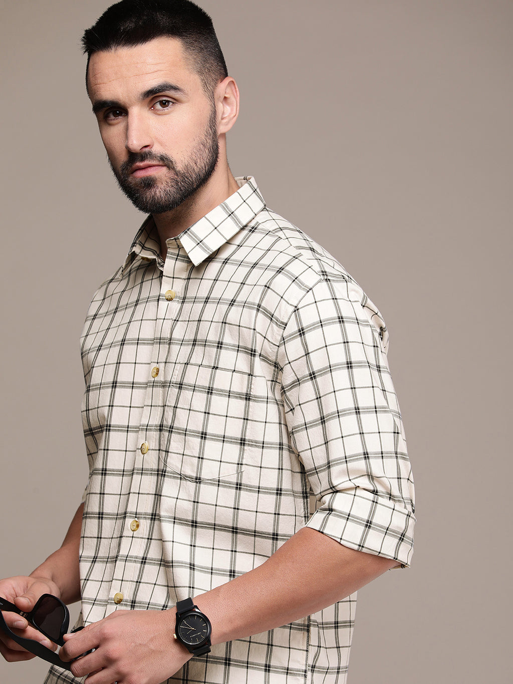 Beige Checked Casual Shirt