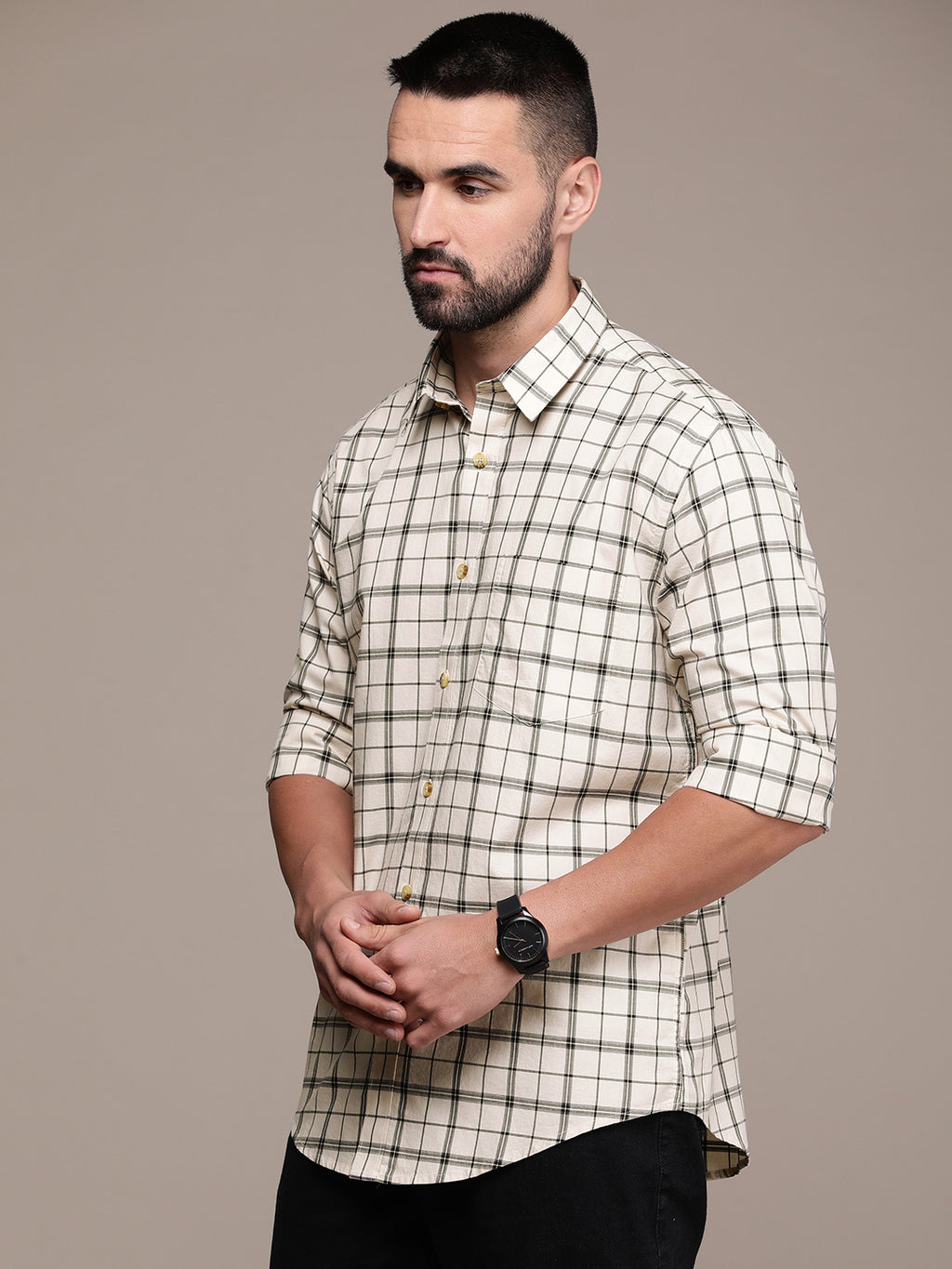 Beige Checked Casual Shirt