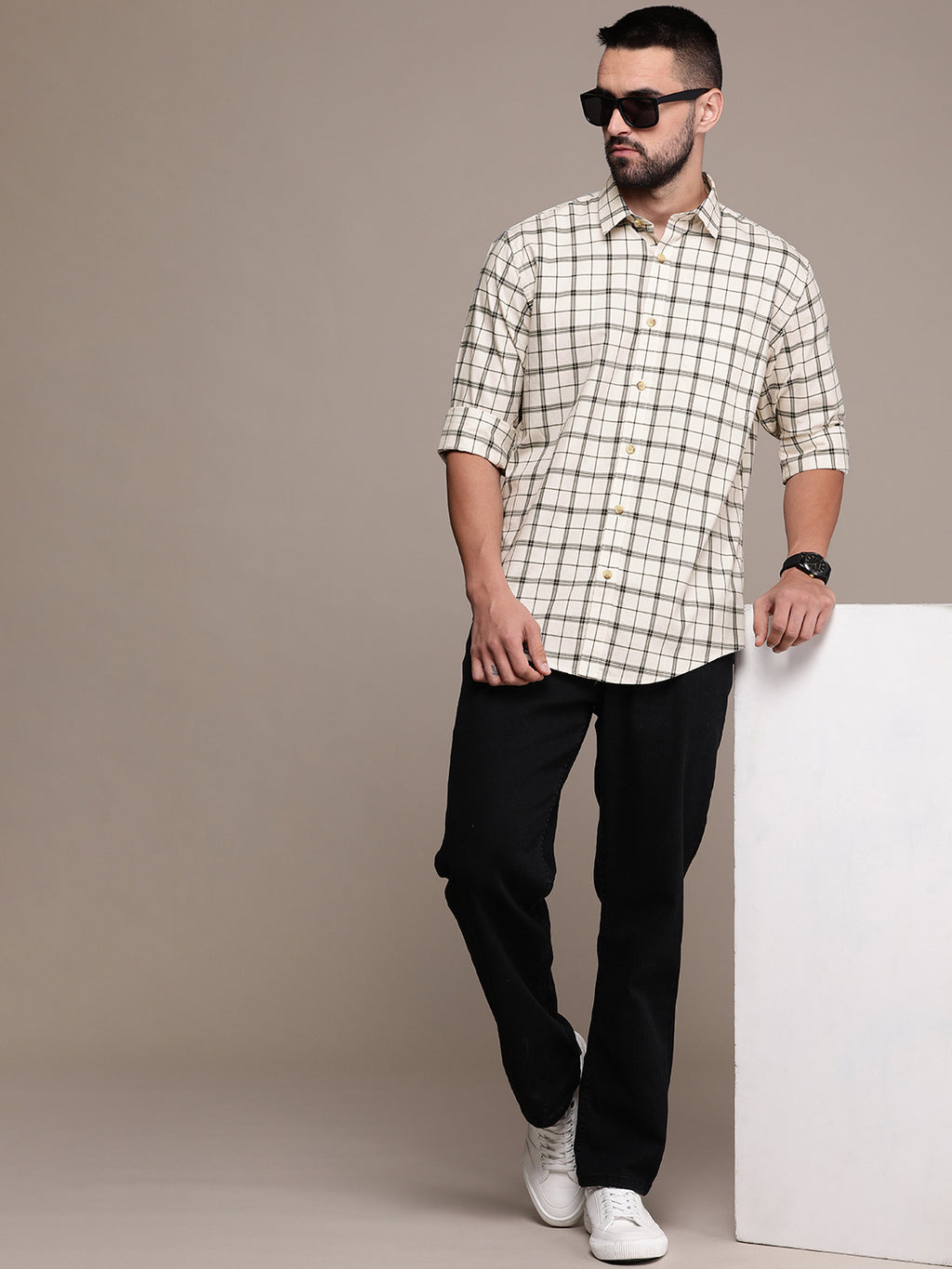 Beige Checked Casual Shirt